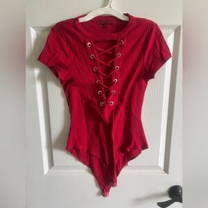 Red Lace-Up Ribbed Women's Bodysuit